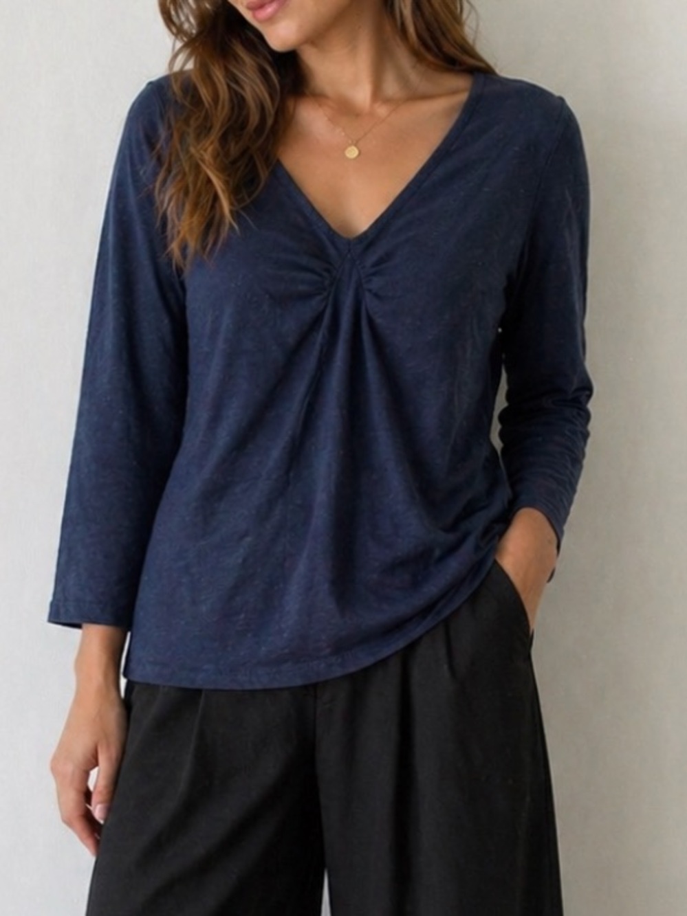 Cut Loose Blue Linen Cotton V-Neck Pleated Front Top 3/4 Sleeve Size M